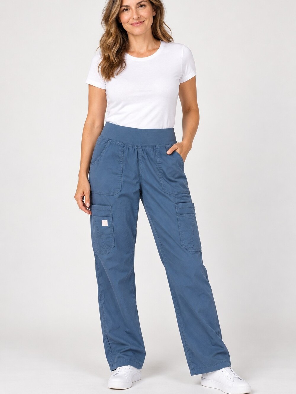 Women's Blue Cargo Pants with Stretch Waistband
